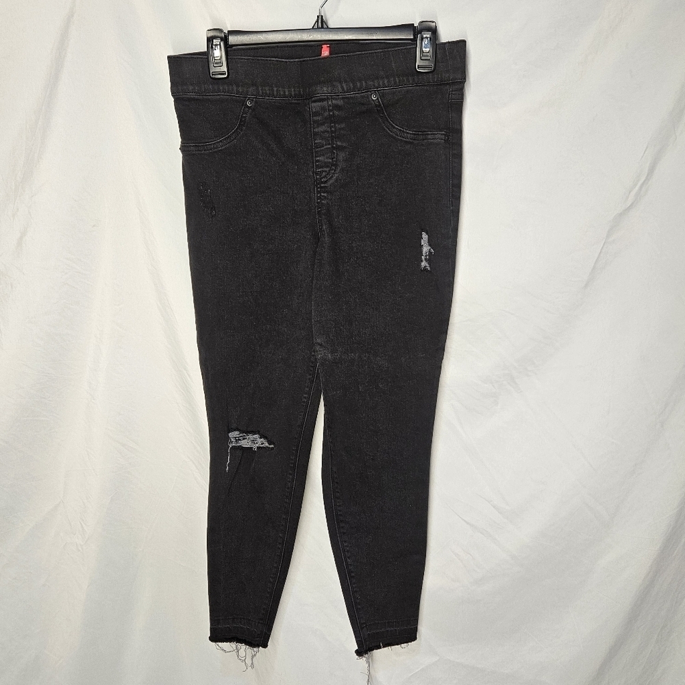 Spanx Distressed Ankle Skinny Jeans Denim Stretch Raw Hem Black Womens Large